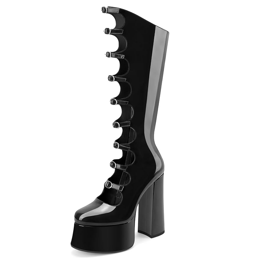 Z.Oufeier Women's Gothic Lolita High Chunky Block Heel Platform Knee High Boots Buckle Strap Pate... | Amazon (US)
