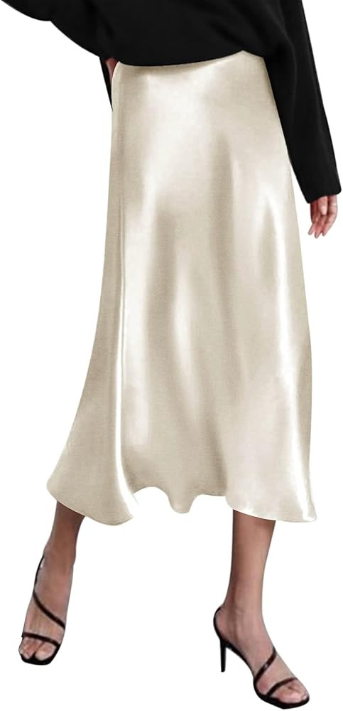 HOTOUCH Womens Midi Skirt High Waisted Solid Satin Dress Zipper Elegant Work Skirts | Amazon (US)