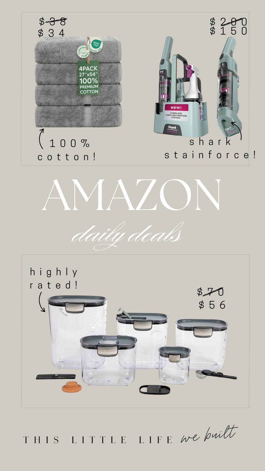 Amazon daily deals! 

Storage containers, 100% cotton towels, upholstery cleaner 

#LTKU #LTKSaleAlert #LTKHome