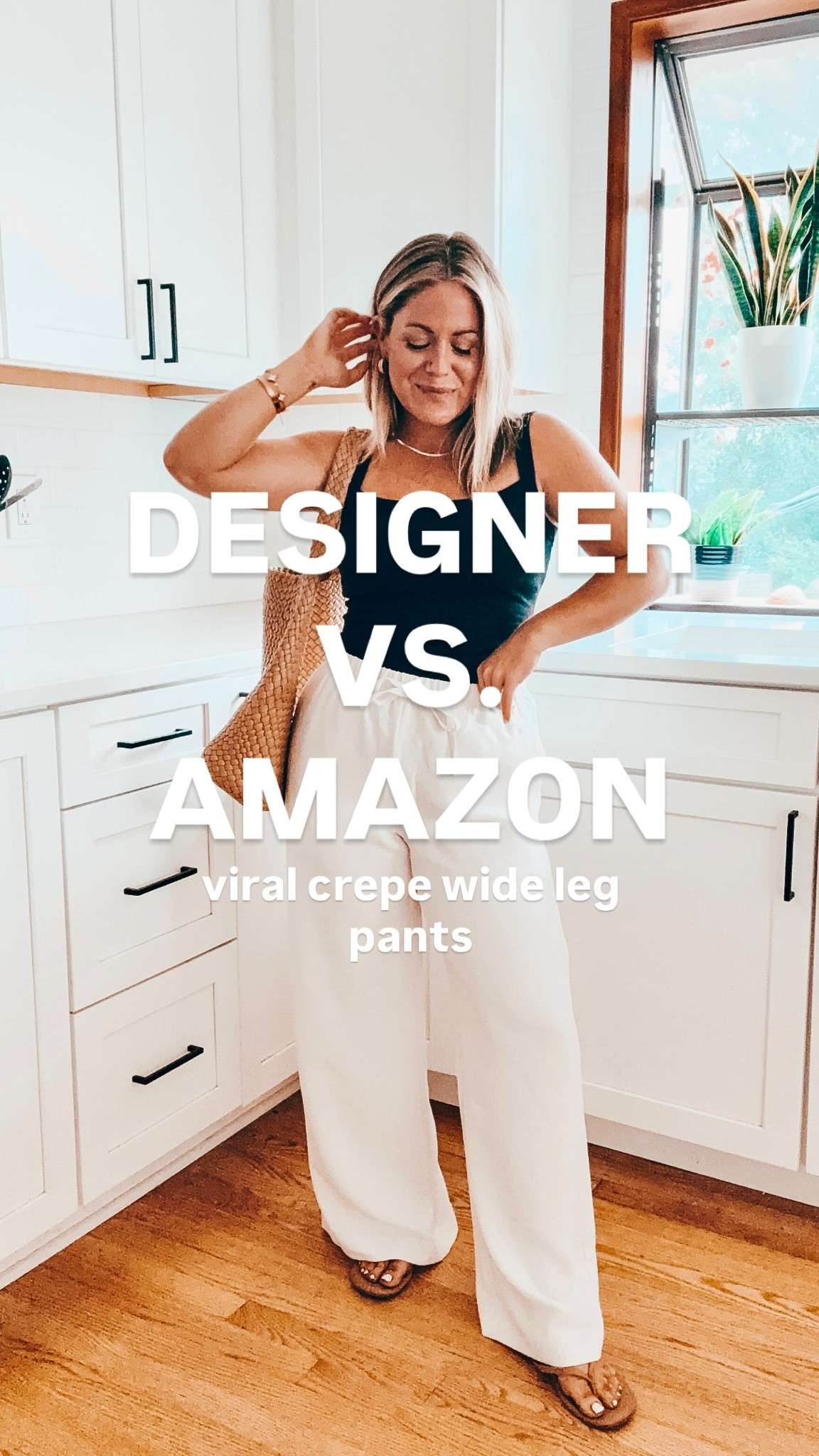 Designer vs. Amazon Look for Less Viral Crepe Wide Leg Pants! $138 vs. $38. Both come in three inseam options (petite friendly!) and are made from the same fabric composition. Wearing a S short in the designer pair and a 27.5” S in the Amazon version.

#LTKPetite #LTKootd #LTKSaleAlert