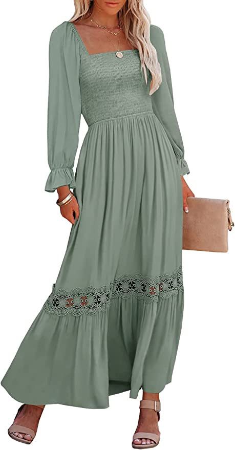 Ferlema Womens Boho Square Neck Ruffle Long Sleeve Lace Trim Casual A Line Flowy Long Maxi Dress ... | Amazon (US)