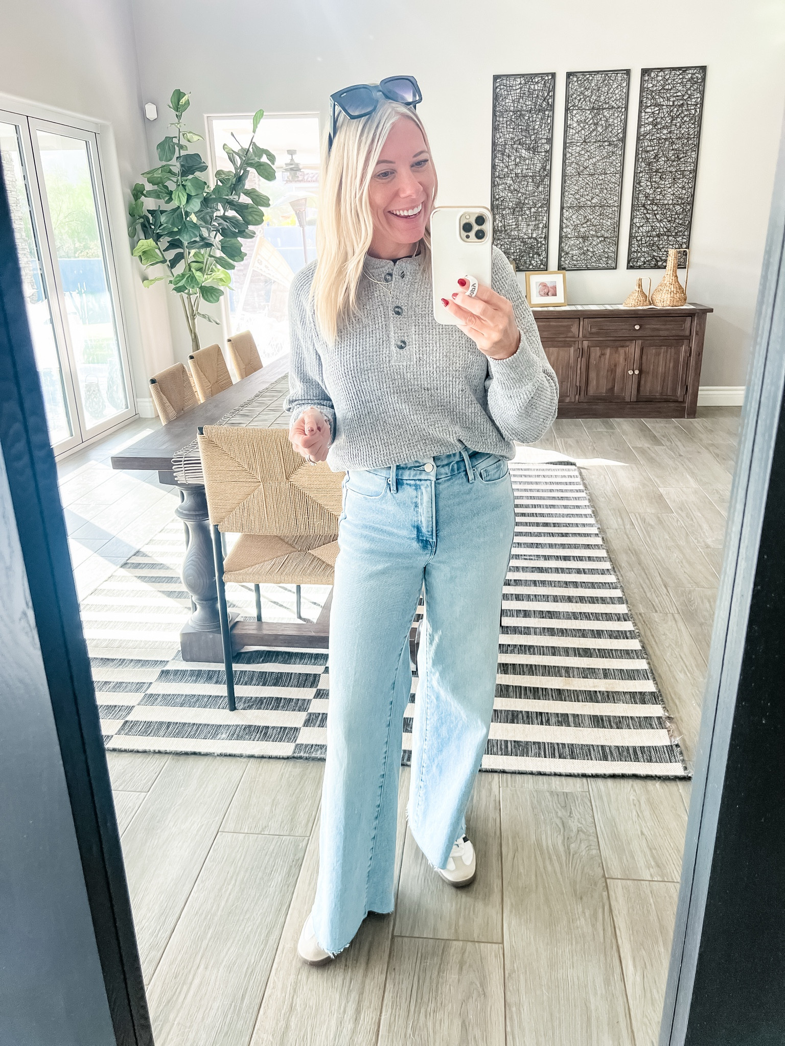 Love these wide leg jeans with this super soft Henley top Samba’s and sunglasses. Jeans run true to size in the 2/26. Extra small top which comes another colors. I cut the bottom of my jeans so they work at the correct length, but they run long.


#LTKStyleTip #LTKOver40 #LTKSeasonal