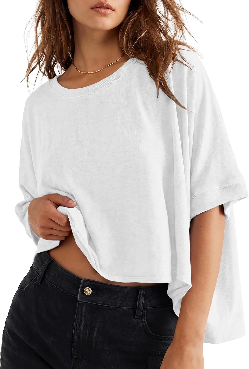 Lepunuo Womens Oversized Summer Tops Crop Shirts Cotton Basic Tee | Amazon (US)