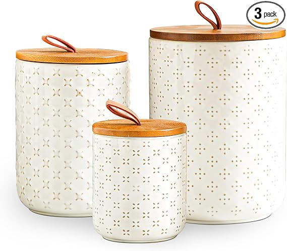 JOJUNO White Ceramic Canister Set with Wooden Lids – 3-Piece Airtight Food Storage Jars for Kit... | Amazon (US)