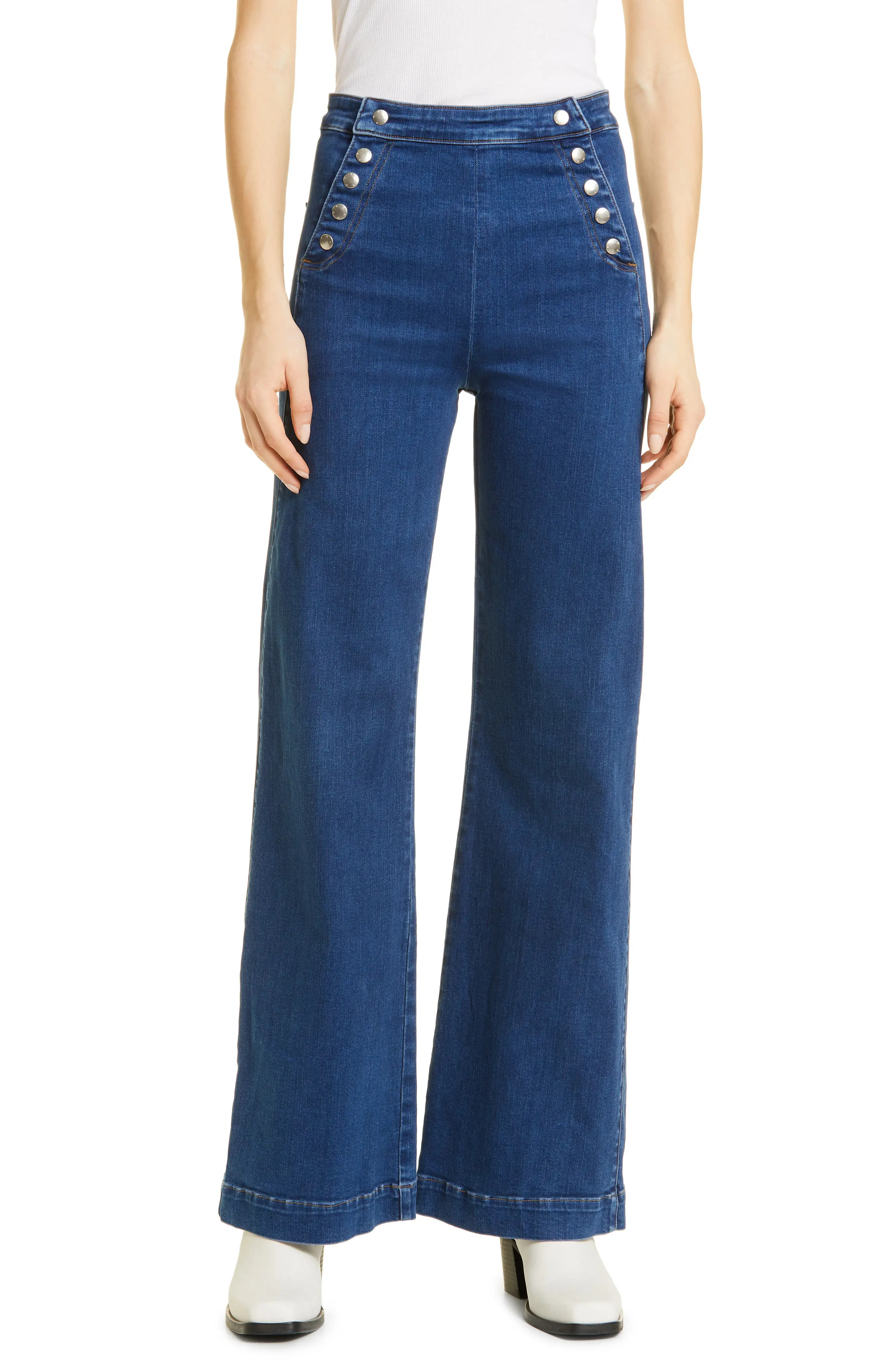 FRAME Snap High Waist Wide Leg Sailor Jeans in Classic Blue at Nordstrom, Size 30 | Nordstrom