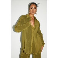 Tall Olive Plisse Oversized Cuff Detail Shirt | PrettyLittleThing US