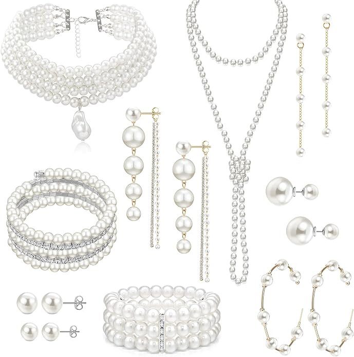 EIELO 16 Pcs Pearl Necklace Earrings Set for Women: Simulated Pearl Bracelet Faux Pearl Necklace ... | Amazon (US)