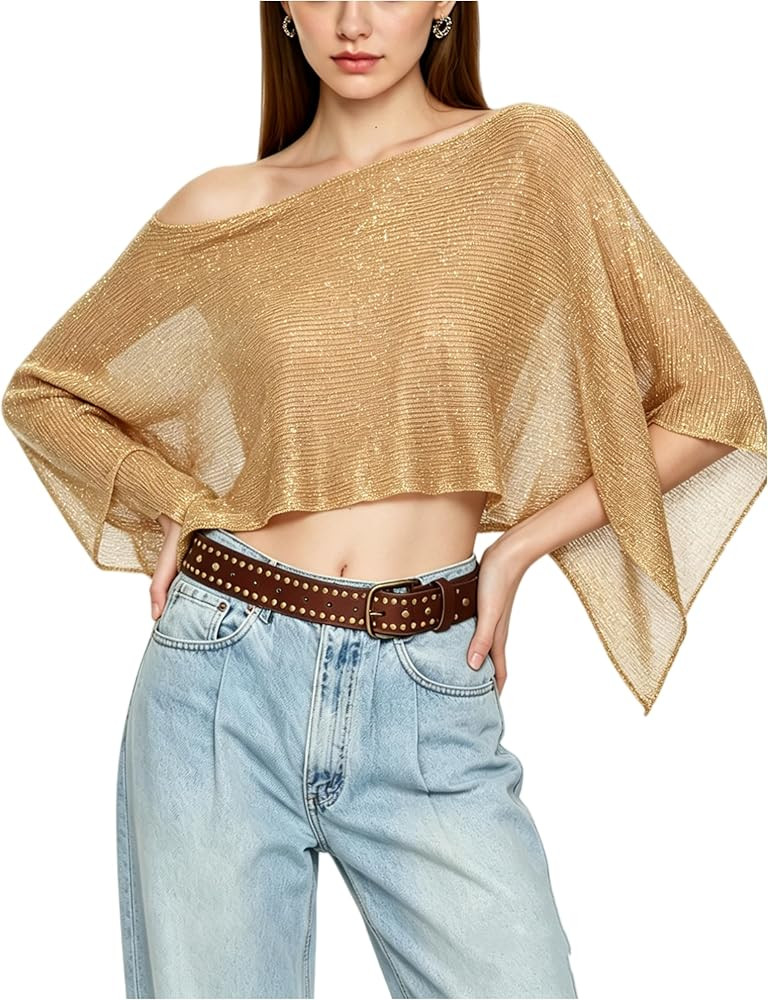 Argeousgor Women Shiny Sheer Poncho Top Crochet Knit Sparkly Sequin Shawl Rave Vacation Beach Cov... | Amazon (US)
