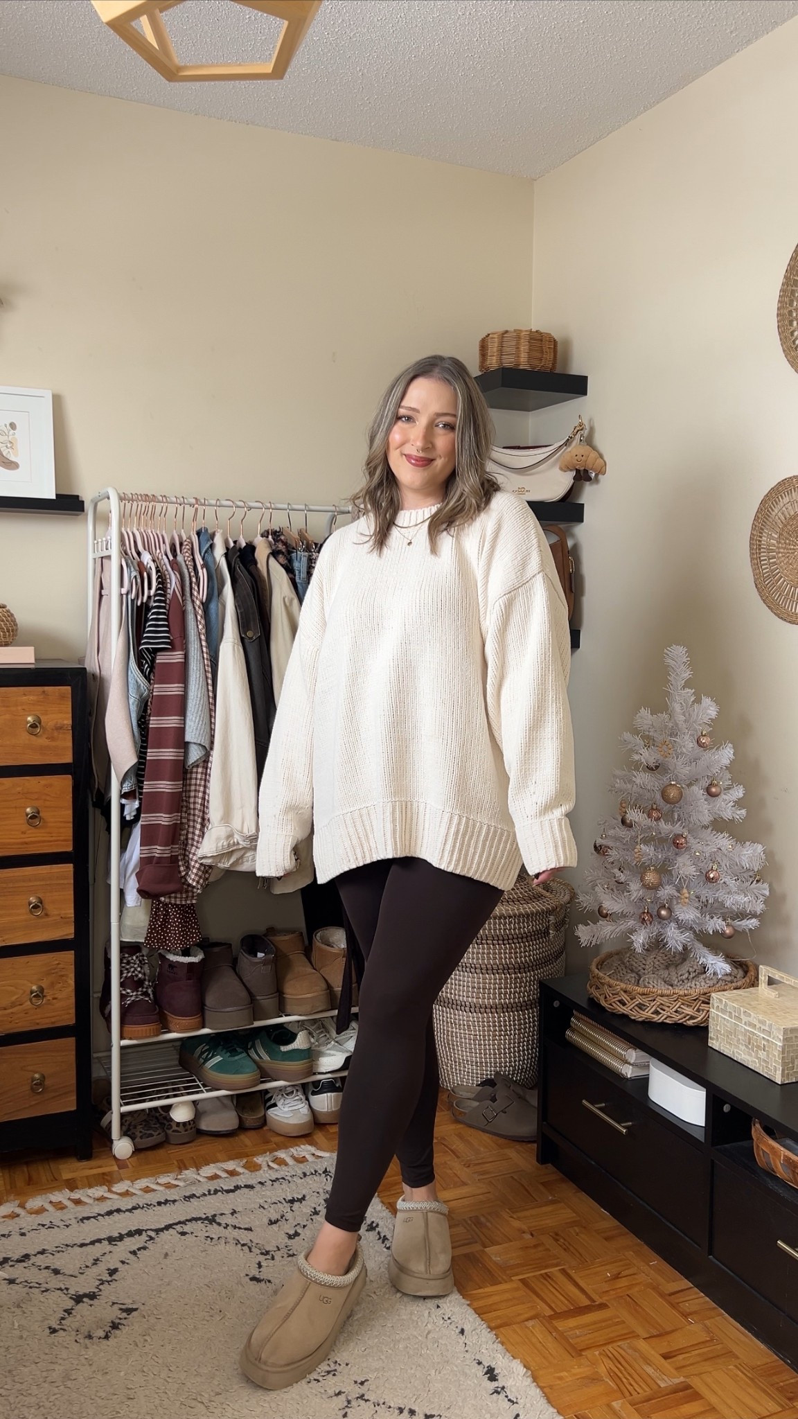 Comfy winter outfit from Aerie! Sweater is incredibly soft chenille, wearing my usual size L. Also wearing L in the leggings! I love this dark chocolate brown color! Ugg Tazz platforms are TTS

#LTKmidsize #LTKwinter #LTKsale