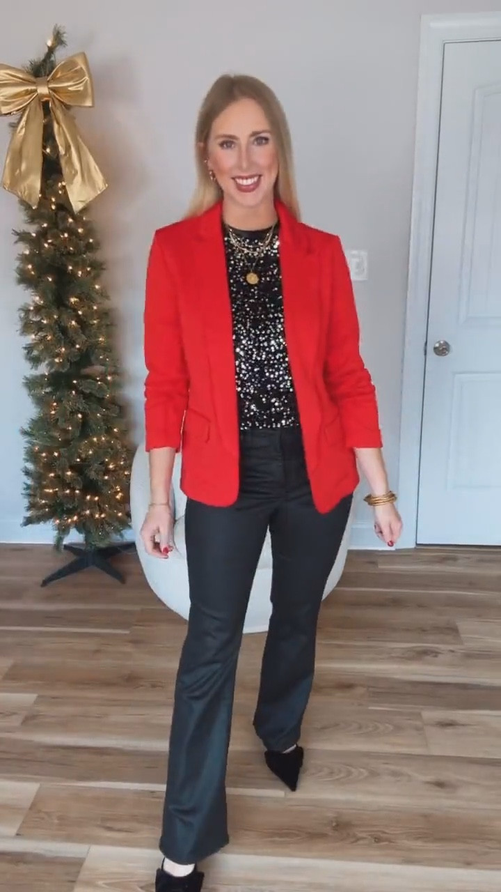 Walmart holiday outfit, red scuba blazer, sequin tee, coated jeans 

#LTKHoliday #LTKFindsUnder50