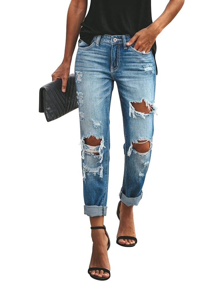 KUNMI Women's Ripped Mid Waisted Boyfriend Jeans Loose Fit Distressed Stretchy Denim Pants | Amazon (US)