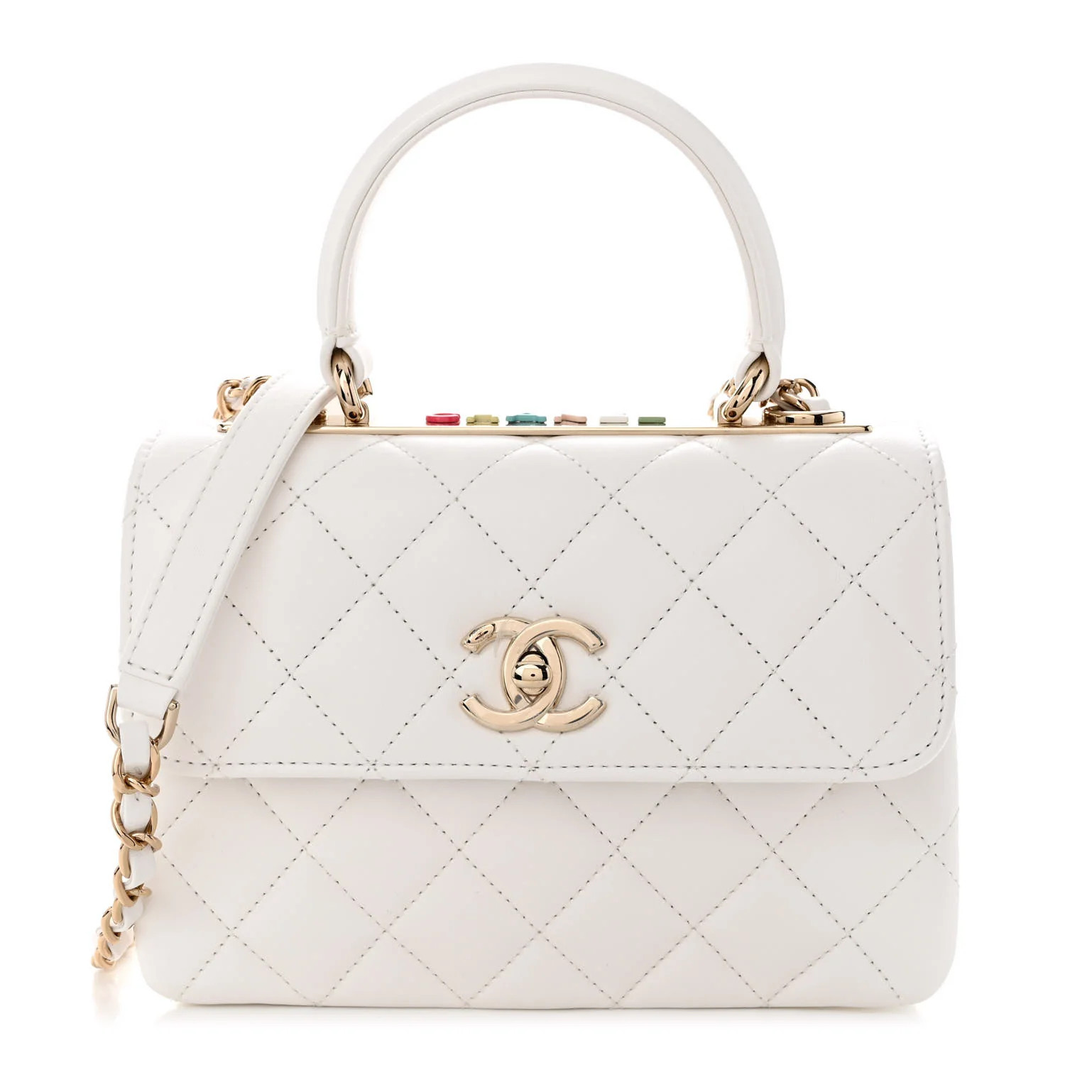 Lambskin Lacquered Quilted Mini Trendy CC Dual Handle Flap Bag White | FASHIONPHILE (US)