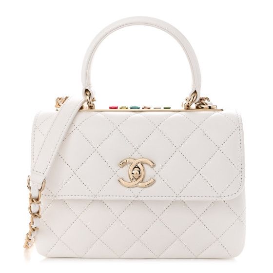 Lambskin Lacquered Quilted Mini Trendy CC Dual Handle Flap Bag White | FASHIONPHILE (US)