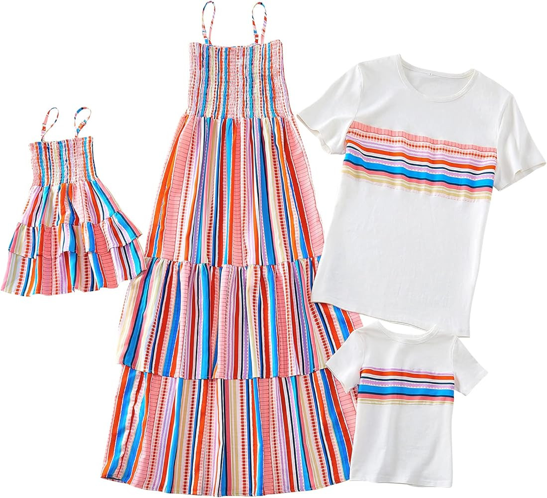 Mommy and Me Flared Dresses,Family Matching Outfits Shirts Rainbow Loose Swing Short T-Shirt Baby... | Amazon (US)