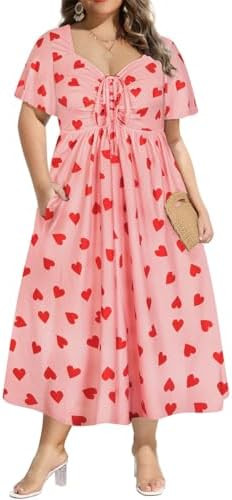 CARCOS Plus Size Dresses for Curvy Women Tie Sweetheart Neck Summer Maxi Dress Short Sleeve Empir... | Amazon (US)