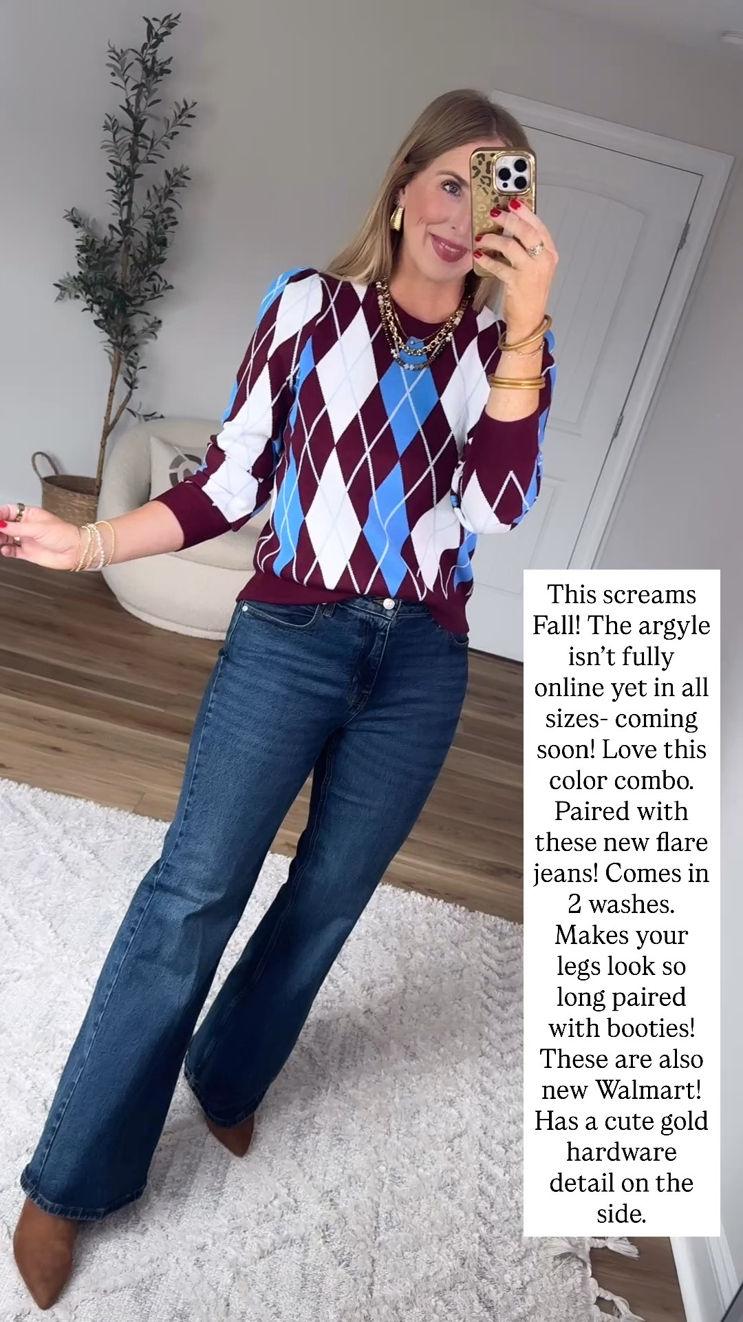 Puff sleeve argyle sweater and flare jeans

#LTKootd