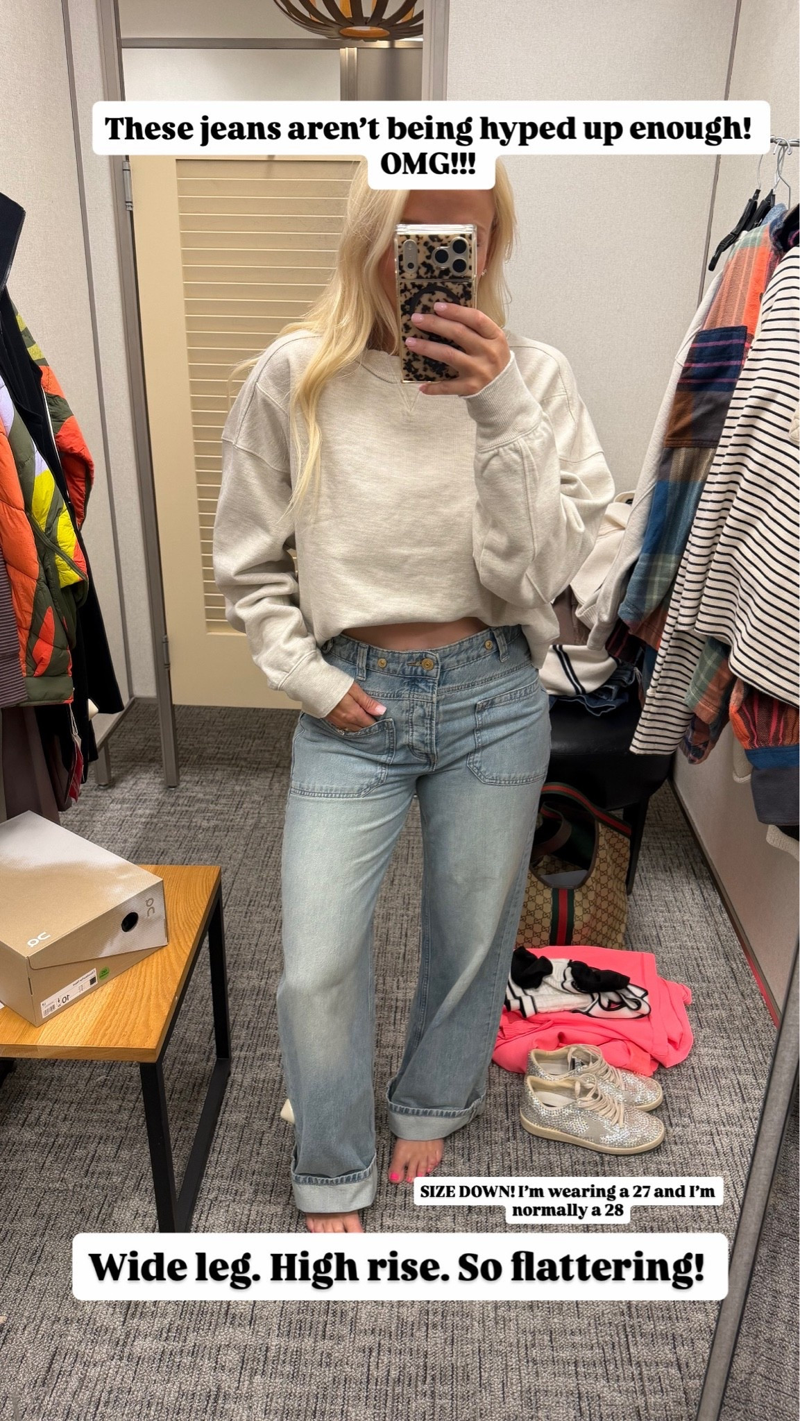 These jeans are not being hyped up enough! Oh my gosh, I absolutely love the fit, they are high-rise, wide leg, and baggy in all￼ the perfect areas! They fit so good. I sized down to a 27. I’m normally a 28. Size down in the sweatshirt too

#LTKmomlife #LTKootd #LTKSaleAlert
