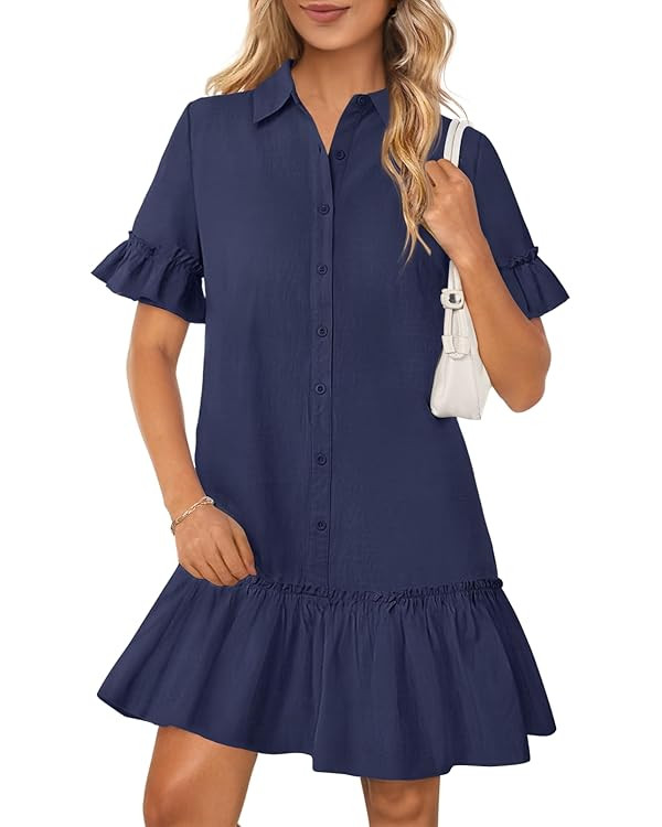 MEROKEETY Women's Summer Button Down Shirt Dress Casual Ruffle Sleeve Shift Mini Dresses with Poc... | Amazon (US)