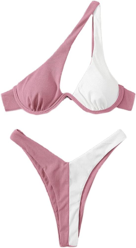 Verdusa Women's Colorblock One Shoulder Underwire Bathing Suit Bikini Swimsuit | Amazon (US)