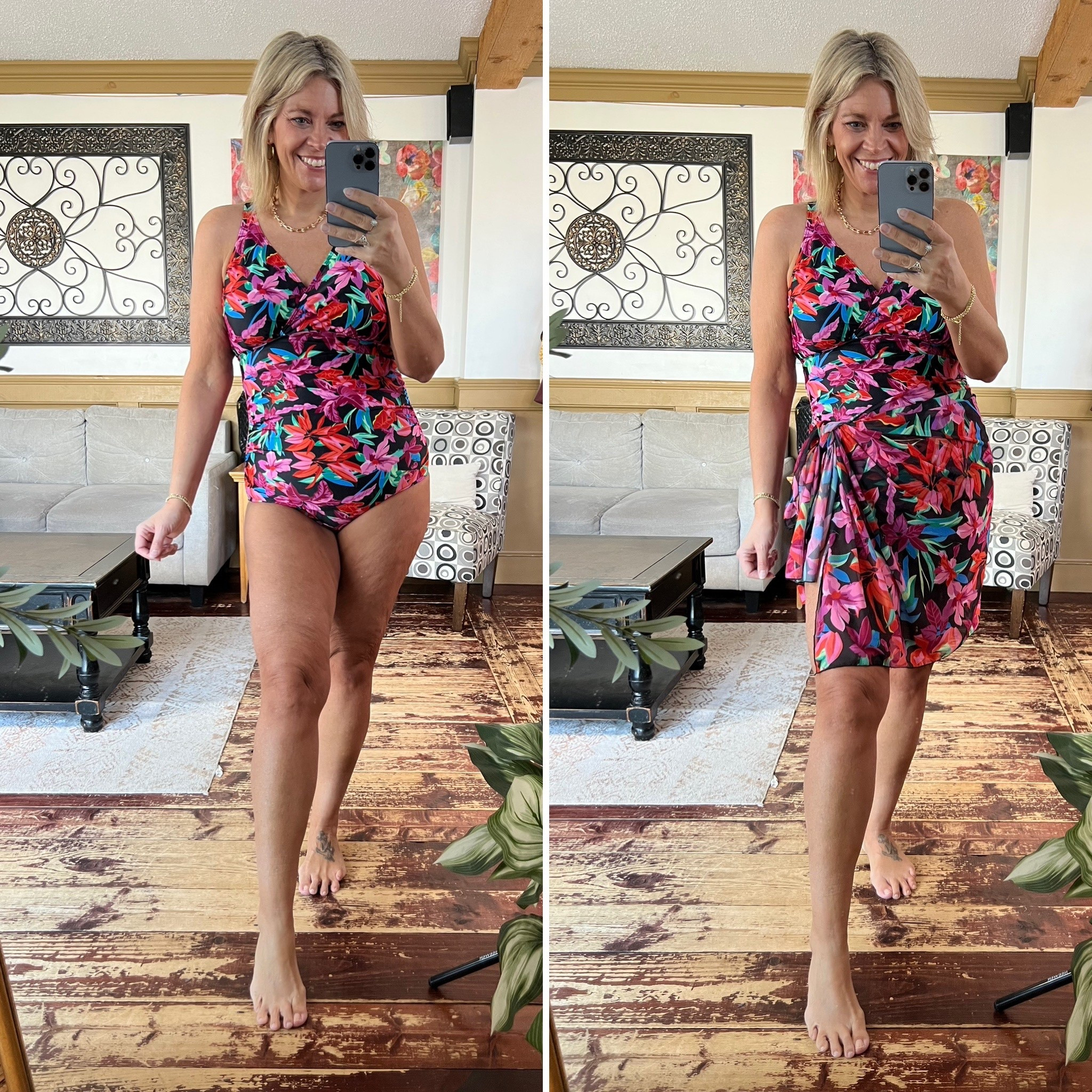 One piece ruched swimsuit with tummy control and coordinating mesh sarong 

#LTKOver40 #LTKMidsize #LTKSeasonal