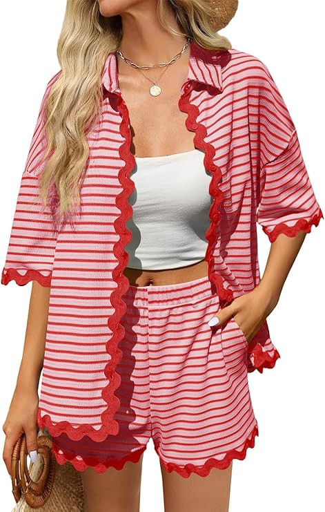 Tankaneo Womens 2 Piece Lounge Set Striped Outfits Short Sleeve Button Down Shirts and Shorts Sum... | Amazon (US)