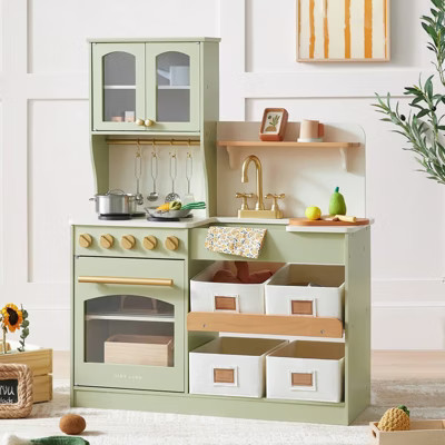 Tiny Land® Pretend Play Kitchen for Toddlers - Serenity Wooden Kitchen – Green | Target