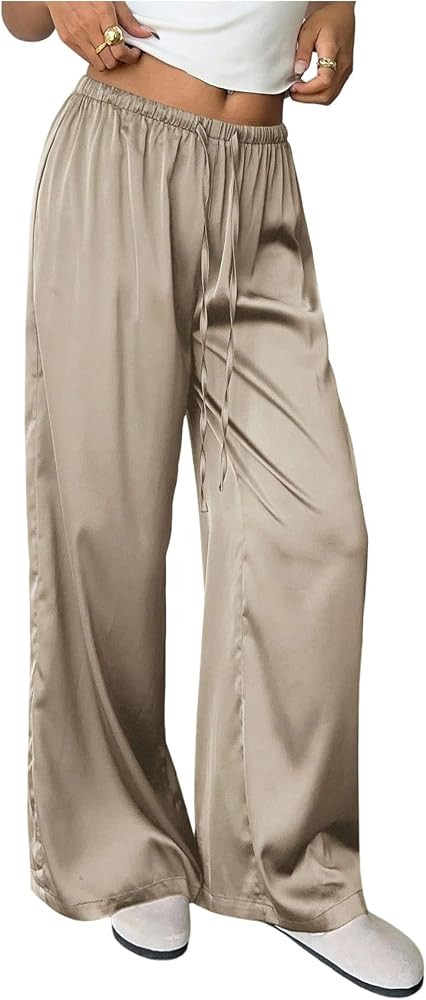 MakeMeChic Women's Satin Pants Drawstring Waist Straight Leg Chocolate Brown Silk Lounge Pants | Amazon (US)