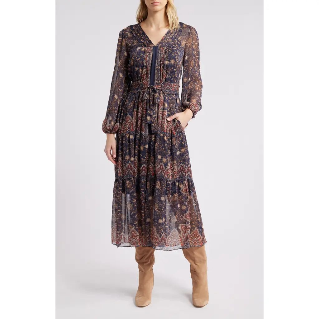 Julia Jordan Paisley Print Long Sleeve Chiffon Dress in Navy Multi at Nordstrom, Size 12 | Nordstrom