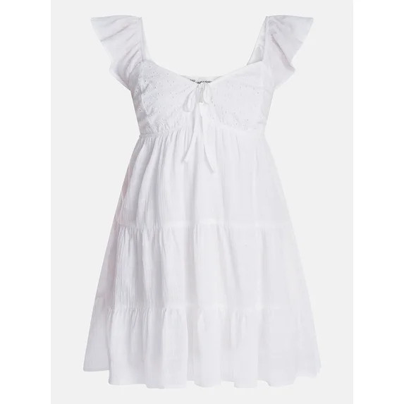 No Boundaries Tiered Cotton Dress with Flutter Sleeves, Women’s XXS-XXL | Walmart (US)