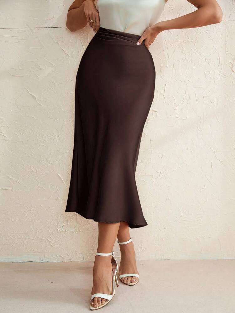 Aveloria Modichic Pleated Satin Skirt,Ladies Elegant Ruched,Zipper Long Regular Fit Natural Beige... | SHEIN