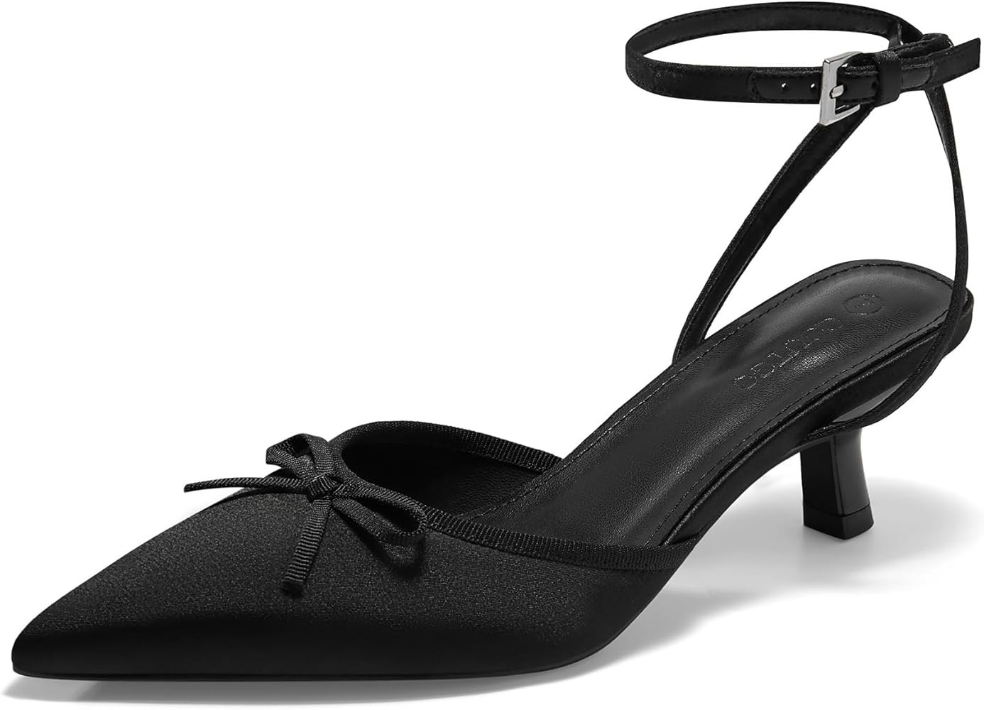 Coutgo Satin Kitten Low Heels with Bow Closed Pointed Toe Short Pumps Dress Wedding Party Shoes | Amazon (US)