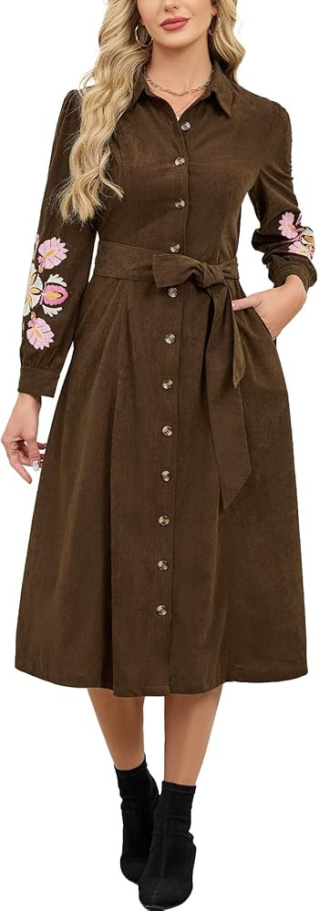 Women\u2019s Corduroy Embroidered Maxi Shirt Dress Long Sleeve Button Down Belted Casual Spring F... | Amazon (US)