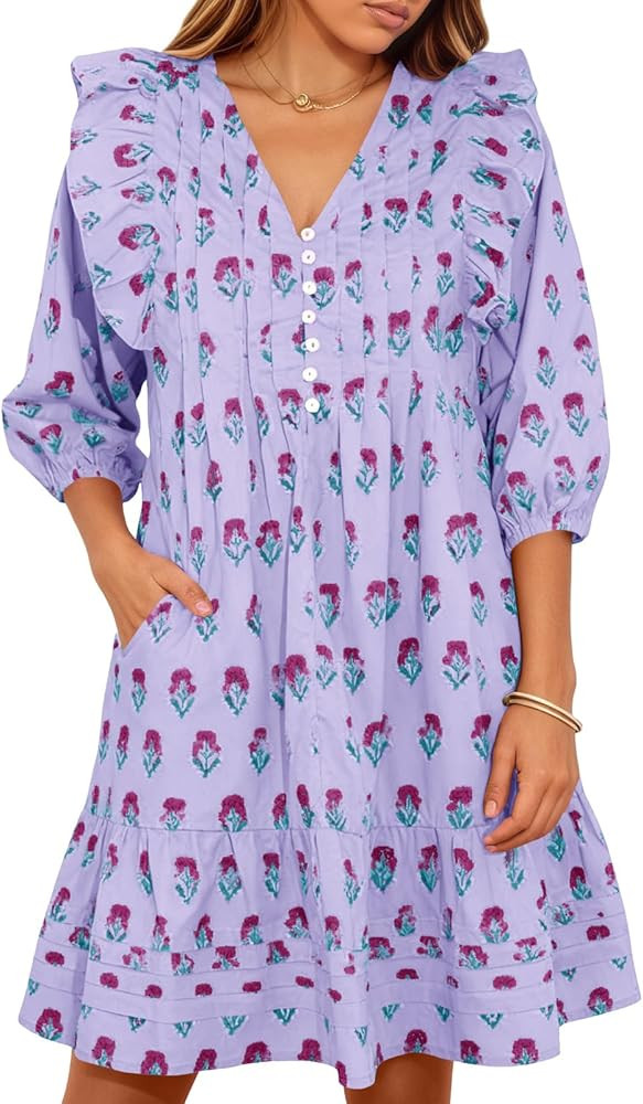 Wenrine Womens Mini Dresses Casual Ruffle 3/4 Lantern Sleeve Floral V Neck Loose Boho Babydoll Dr... | Amazon (US)