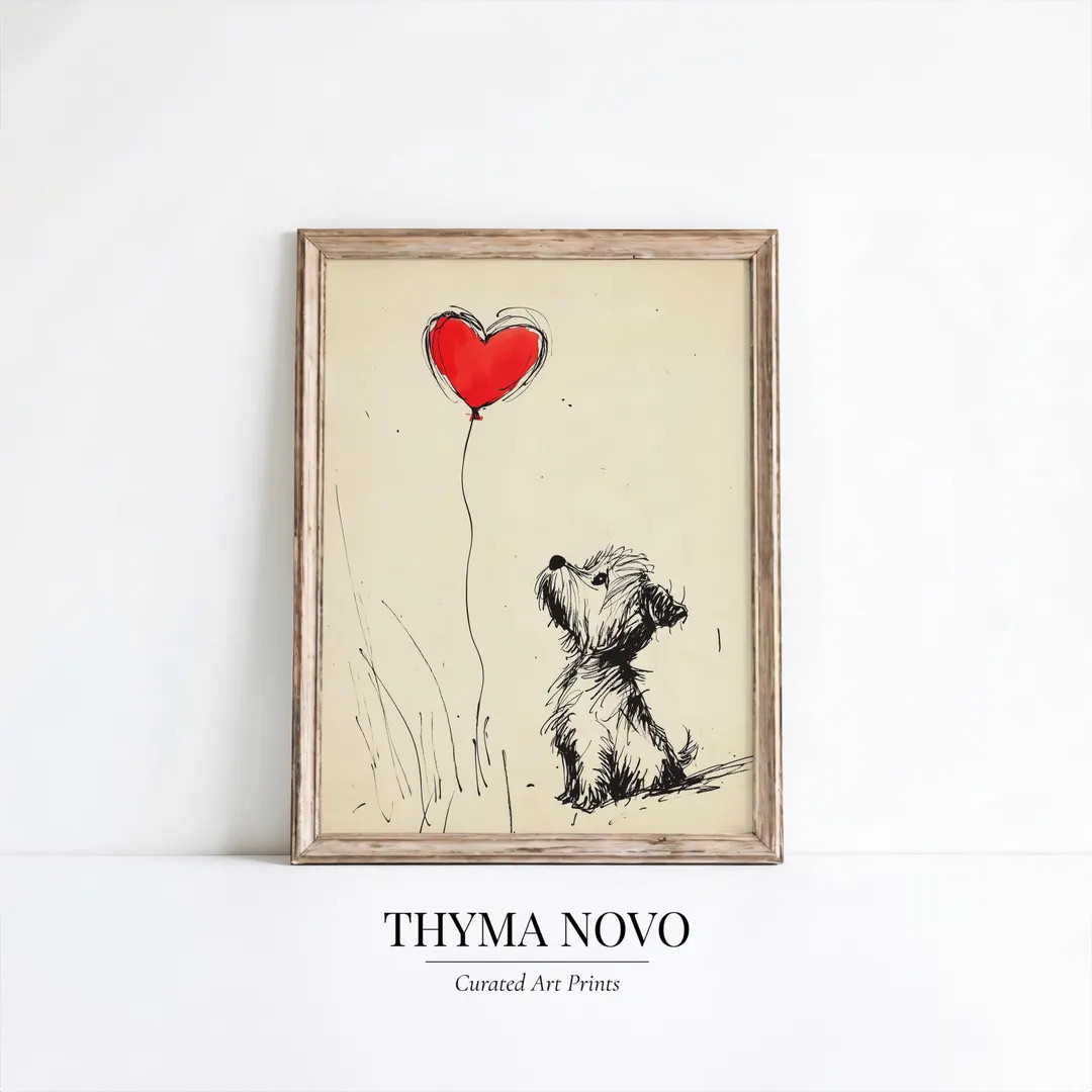 Valentine Puppy Printable Wall Art | Yorkshire Terrier With Red Balloon Sketch | Yorkie Dog Nurse... | Etsy (US)