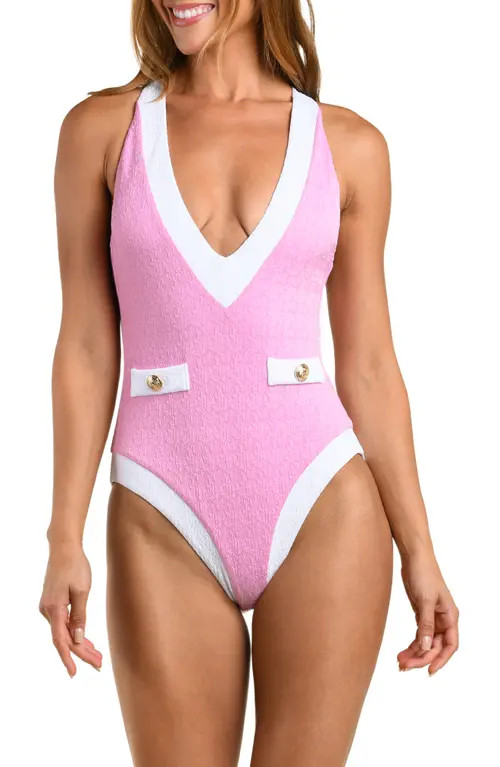 L'AGENCE Lisa Colorblock Plunge One-Piece Swimsuit in Blush at Nordstrom, Size Medium | Nordstrom