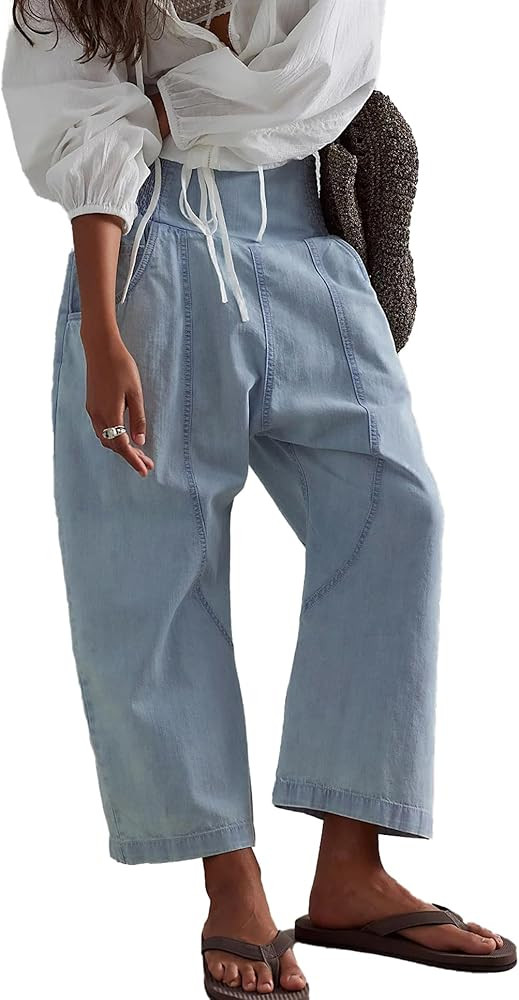 Women's Baggy Cropped Harem Jeans Loose Fit Wide Leg Barrel Pants Summer Casual Boyfriend Denim P... | Amazon (US)