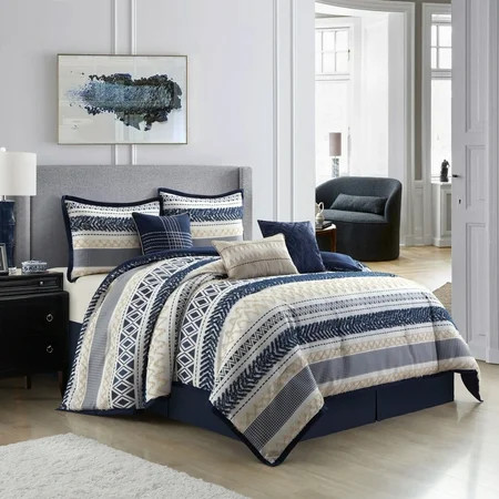Liyana 7 Piece Striped Jacquard Comforter Set in Navy by Nanshing King | Walmart (US)