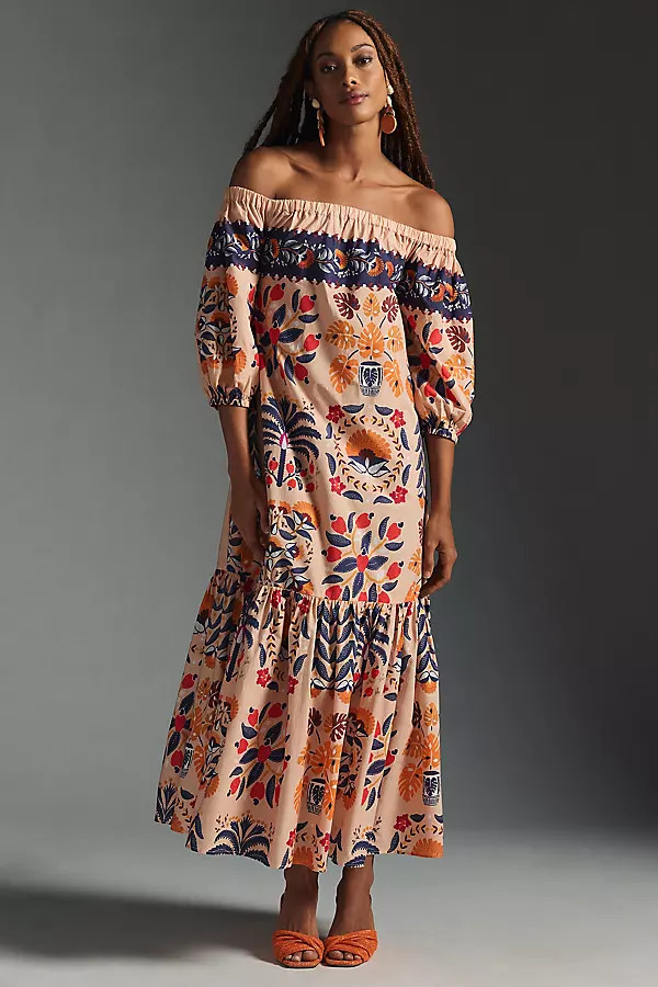 Farm Rio Flowy Off-The-Shoulder Printed Dress By Farm Rio in Blue Size S | Anthropologie (US)