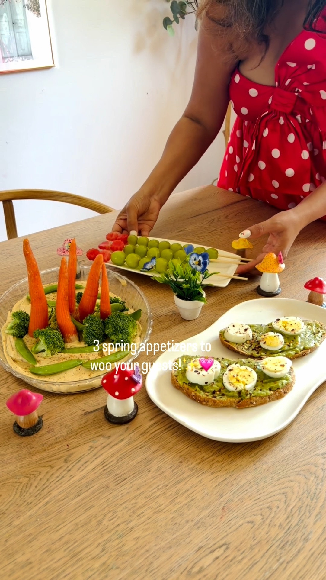 🌸✨ Get ready to delight your guests with these spring-inspired appetizers that are as pretty as a blooming garden! Your table will look like a springtime celebration! 

 1) Spring Garden: A vibrant platter filled with crunchy veggies and smooth hummus, this spring garden is not just healthy but a colorful centerpiece that invites everyone to dig in!
Ingredients:Hummus, carrots, broccoli, cucumber, snap peas, etc. 

2) Flower Fruit Skewers: Colorful and refreshing, these skewers are a delightful mix of sweet flavors and vibrant hues, perfect for adding a playful touch to your gathering!
Ingredients:Grapes, watermelon, skewers 

3) Egg Flowers: These charming egg flowers are not only cute but also creamy and satisfying. The guacamole adds a zesty twist, making them a hit at any party!
Ingredients: Eggs, guacamole, bread 

Elevate your spring gatherings with these appetizers that are sure to impress! 🌷🥗 #appetizerideas #appetizers #hosting #springeats #host