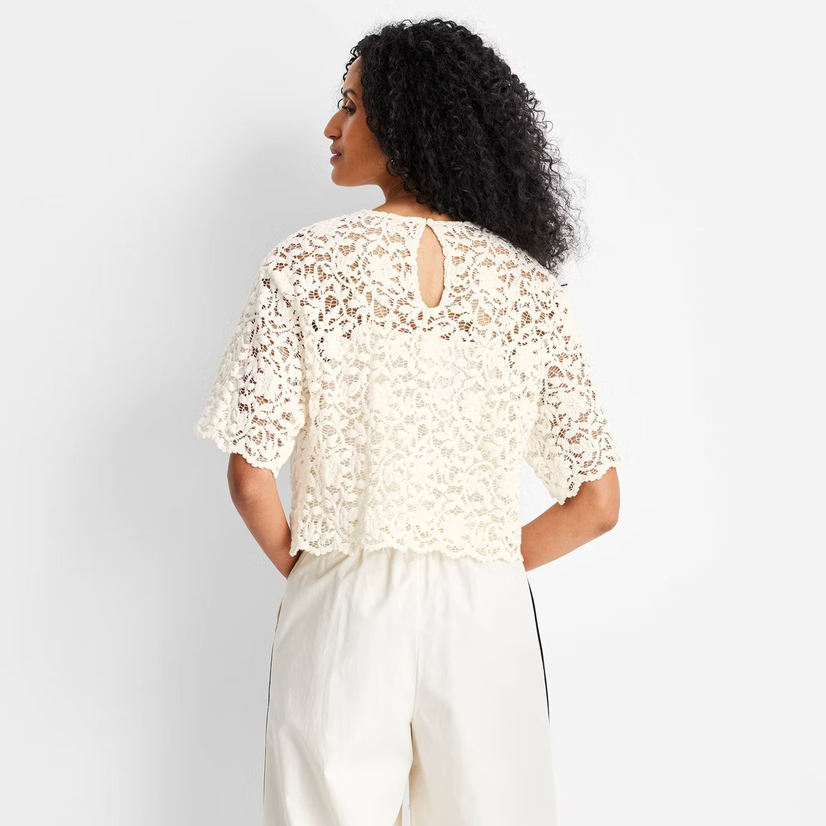 Women's Short Sleeve Lace T-Shirt - Future Collective Cream S | Target