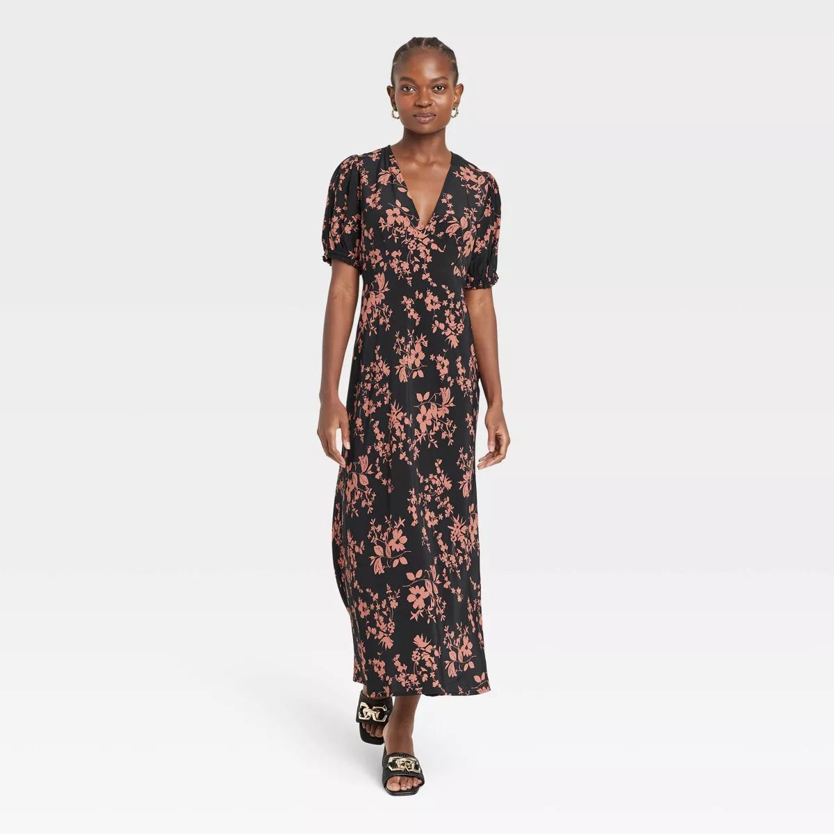Women's Crepe Puff Short Sleeve Midi Dress - A New Day™ Black/White Polka Dots XL | Target