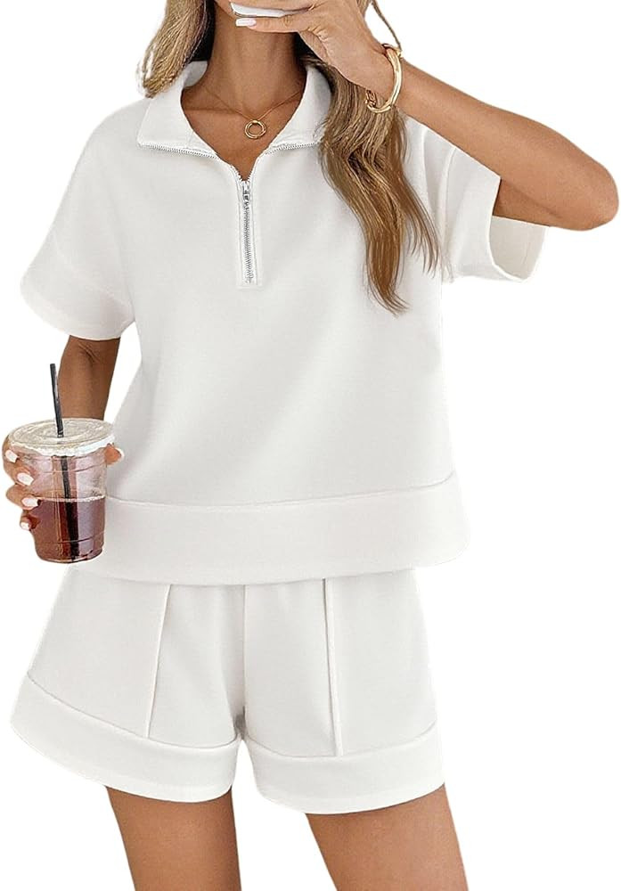 Verdusa Women's 2 Piece Shorts Sets Summer Quarter Zip Pullover Matching Shorts Casual Airport Tr... | Amazon (US)