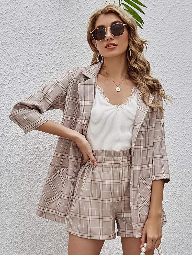 SheIn Women's 2 Pieces Outfits Plaid 3/4 Sleeve Blazers and Tie Waist Shorts Set | Amazon (US)