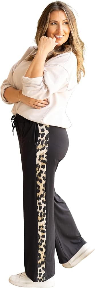 JULIA ROSE Women's Wide Leg Loungers, Black with Leopard Side Panel, S/M-2XL/3XL, Buttery Soft Fa... | Amazon (US)