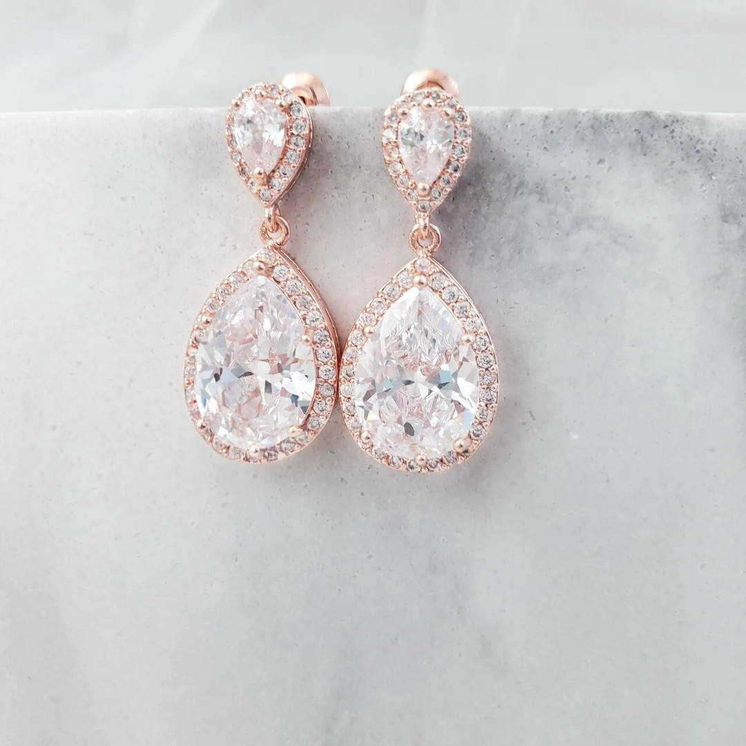 NEW Sparkly Crystal Teardrop Earrings, Gold, Silver or Rose Gold Cz Bridal Tear Drops Dangling Cu... | Etsy (US)