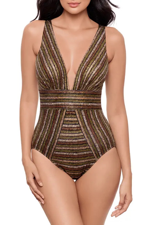Miraclesuit® Sparkle Sands Odyssey Plunge One-Piece Swimsuit in Black/Multi at Nordstrom, Size 16 | Nordstrom