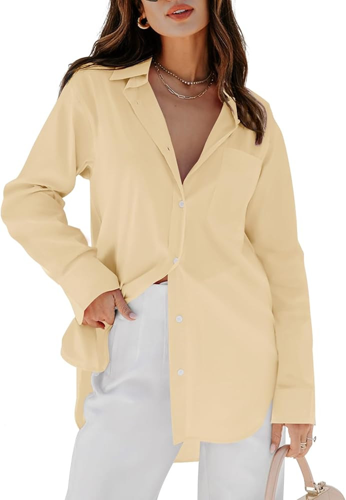 siliteelon Womens Button Down Shirts Dress Shirts Long Sleeve Blouses V Neck Solid Casual Tunics ... | Amazon (US)