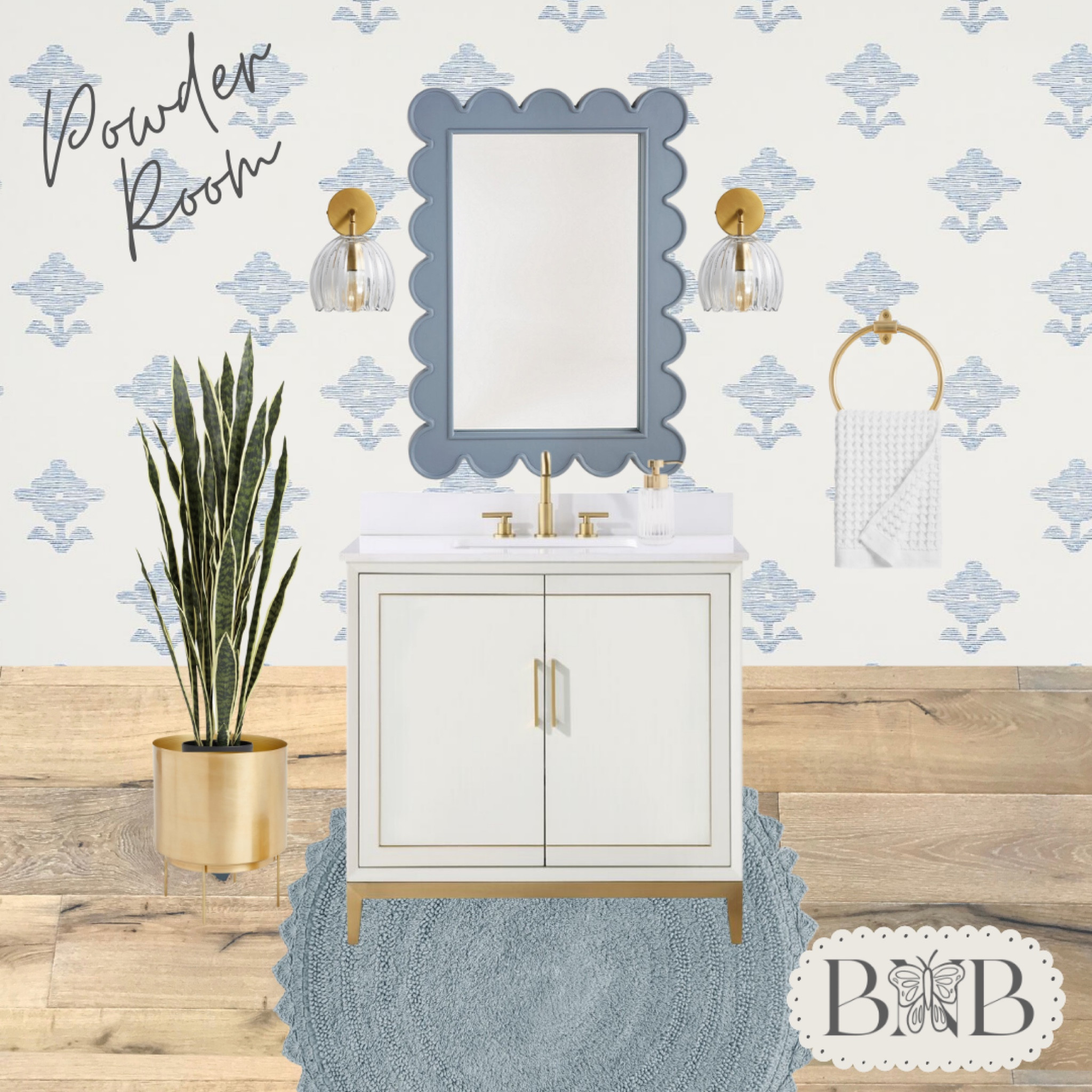 loving this cornflower blue powder room! I’ve been obsessed with all things scalloped lately so this mirror is what really inspired the room. This wallpaper is from Schumacher couldn’t link it on here 🤍🤍 

#LTKhome