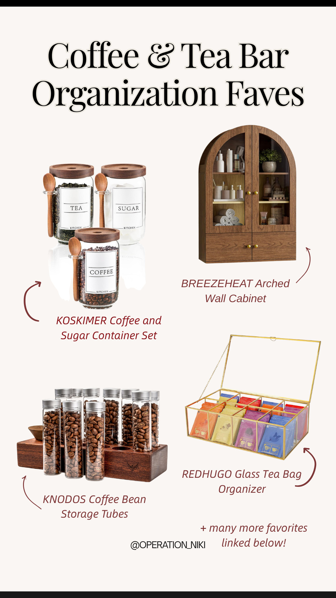 Upgrading your morning coffee and tea routine with chic, organized storage makes your kitchen counter feel like a luxury cafe! ☕✨

This lineup features favorite organization staples: BREEZEHEAT arched wall cabinet, KOSKIMER glass coffee and sugar container set with wooden spoons, KNODOS single-dose coffee bean storage tubes with wooden display stand, and REDHUGO gold glass tea bag organizer box.

Shop all these coffee and tea bar organization essentials linked below! 🛒

Follow for more @OPERATION_NIKI on IG, TikTok, & Facebook

#CoffeeBar #TeaStation #HomeOrganization #OperationNiki #AmazonHome #KitchenOrganization #CoffeeLovers #AestheticHome #ShoppingHaul 

 #LTKHome