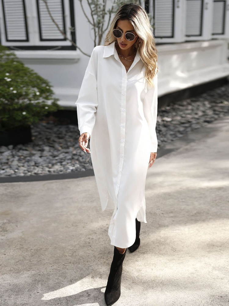 EMERY ROSE Solid Drop Shoulder Curved Hem Shirt Dress Without Belt | SHEIN
